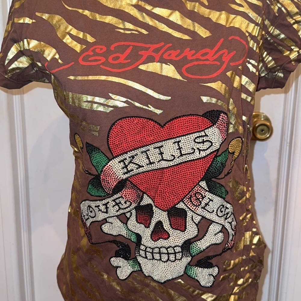 Vintage Y2K Ed hardy Brown Striped Love Kills Slowly Skull Rhinestone Shirt